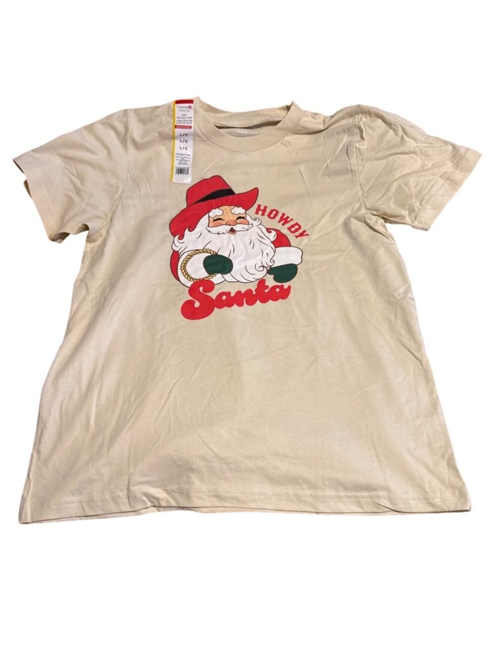 Howdy Santa Graphic T-Shirt Beige Large Celebrate It 100% Cotton Christmas Holid